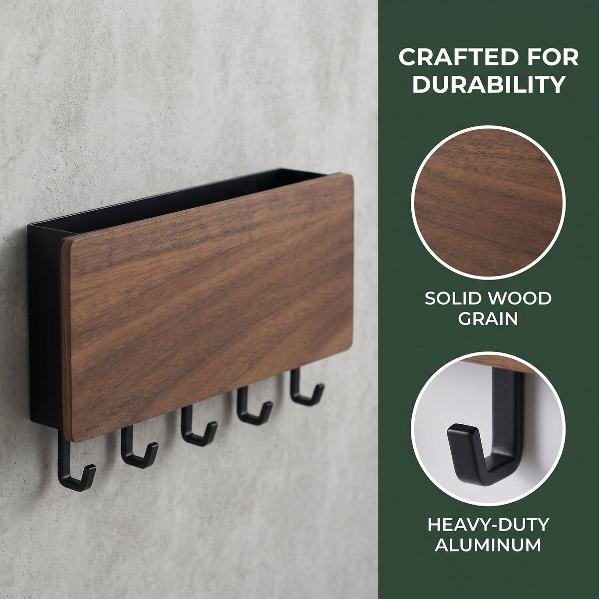 Wall-Mounted Wood and Aluminum Mail Organizer with 5 Key Hooks - Image 6