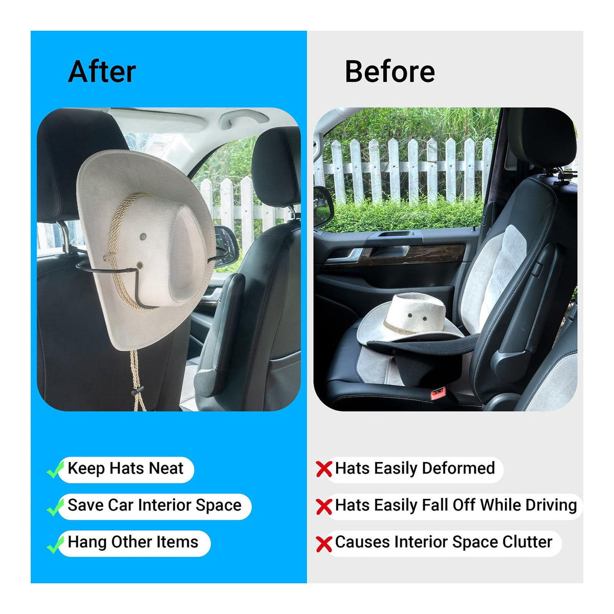 Vehicle Cowboy Hat Holder, V-Grip Seat-Back Hat Rack with Hooks - Image 4