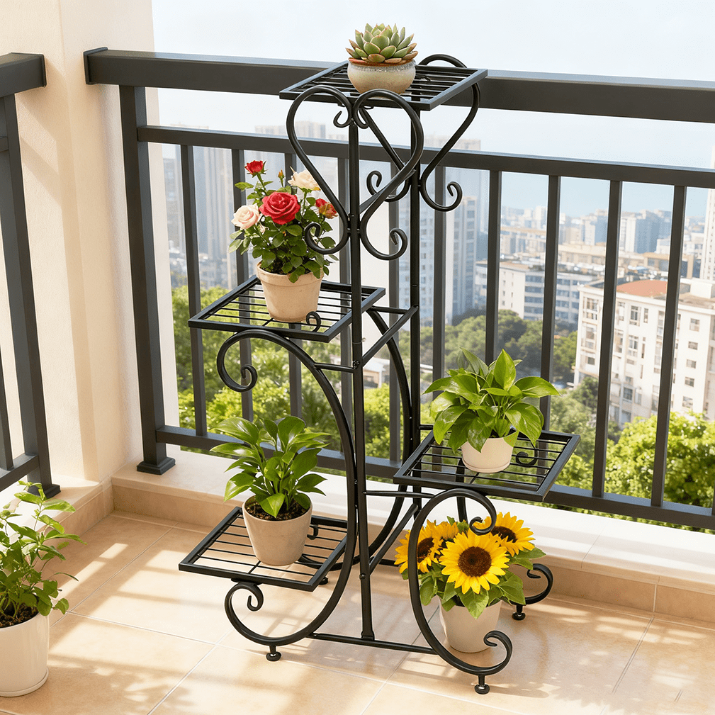 Four-Tier Black Metal Plant Stand, 35-Inch Indoor and Outdoor Shelf - Image 4