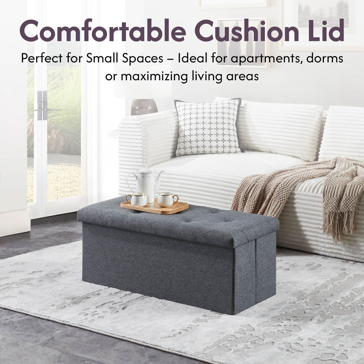 Folding Storage Ottoman Bench with Hidden Compartment, 35 in Wide, Grey - Image 5