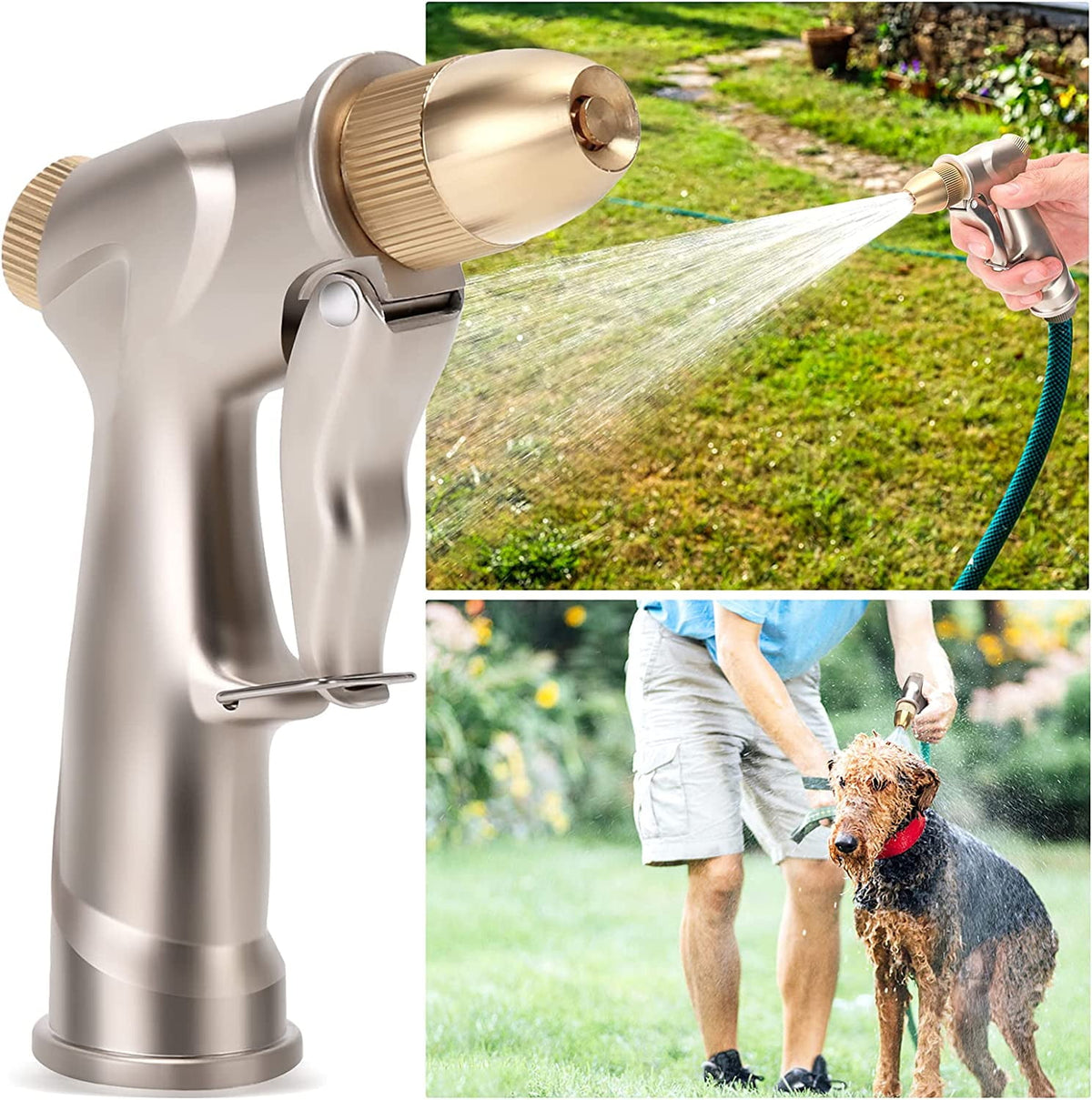 Heavy-Duty Metal Garden Hose Nozzle with 4 Spray Patterns, Gold Finish - Image 4