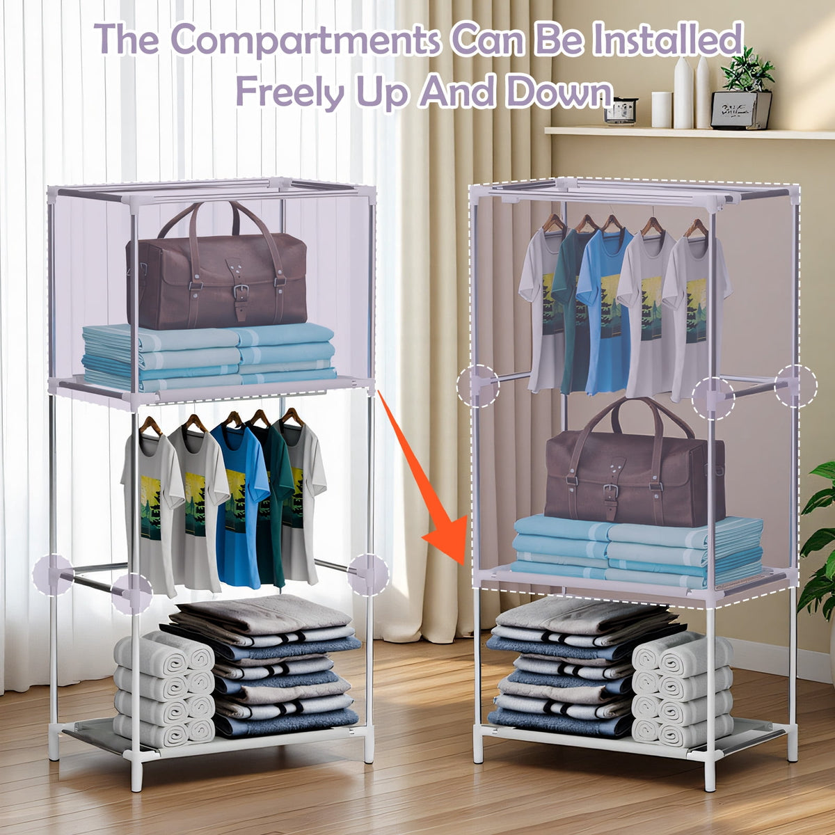 Portable Fabric Wardrobe with Dust Cover and Shelves, 27.5 x 17.7 x 59 in, Black - Image 5