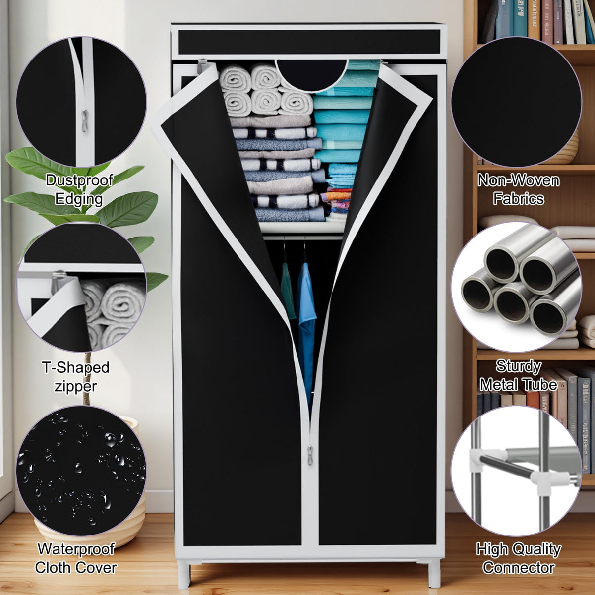 Portable Fabric Wardrobe with Dust Cover and Shelves, 27.5 x 17.7 x 59 in, Black - Image 6