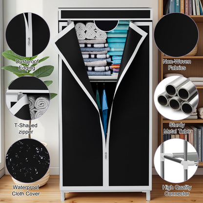 Portable Fabric Wardrobe with Dust Cover and Shelves, 27.5 x 17.7 x 59 in, Black - Image 6