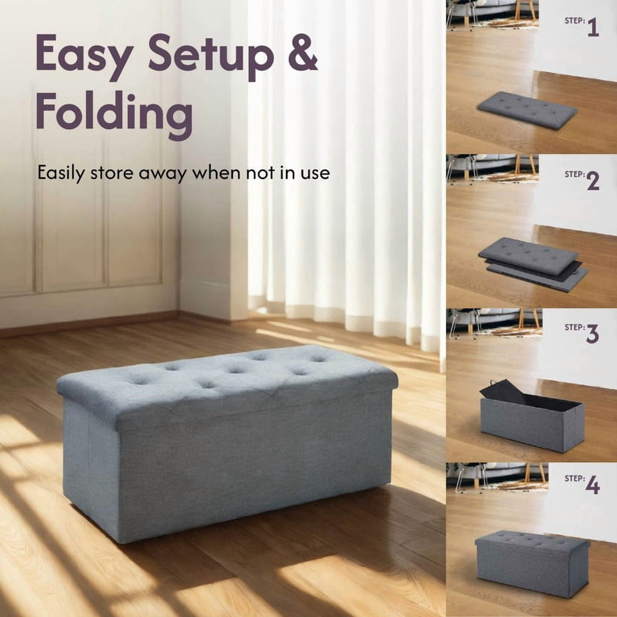Folding Storage Ottoman Bench with Hidden Compartment, 35 in Wide, Grey - Image 6