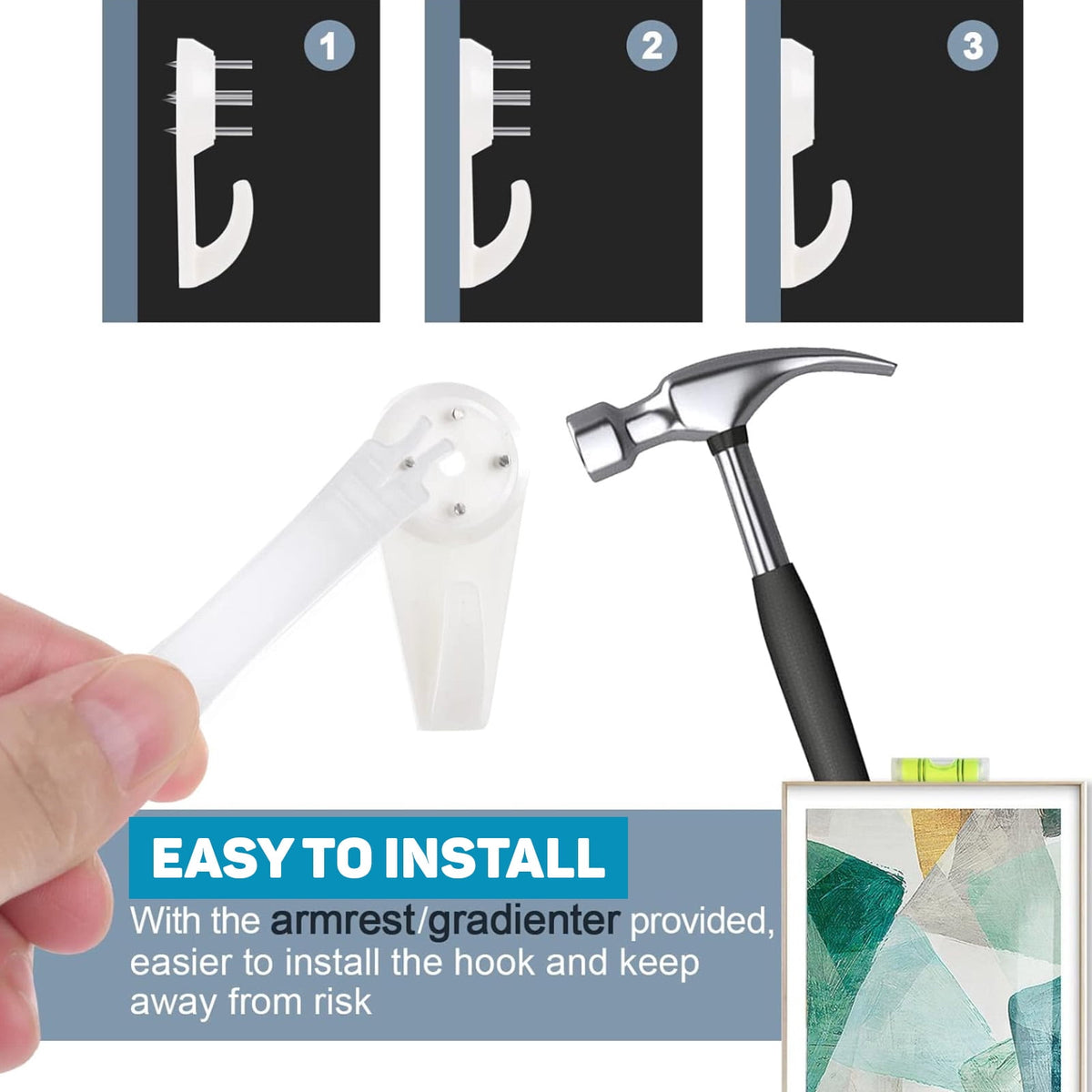 Invisible Picture Hangers for Hard Walls, 25 lb No-Drill Hooks with Level, Pack of 50 - Image 5
