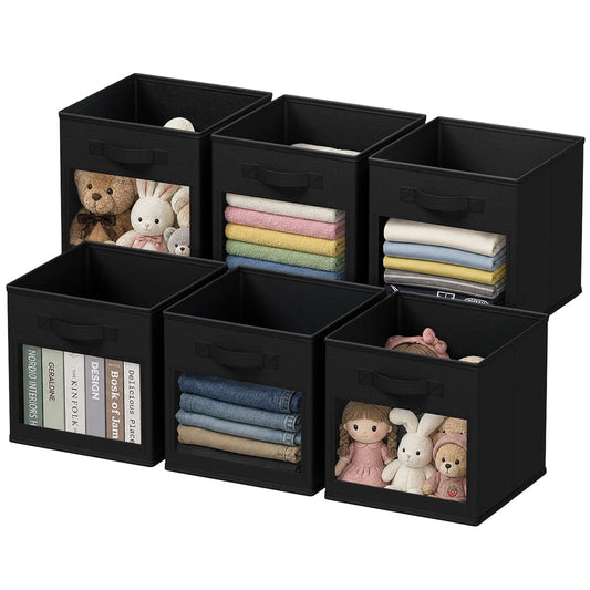 Foldable Fabric Storage Cubes with Clear Window, Black, 6-Pack