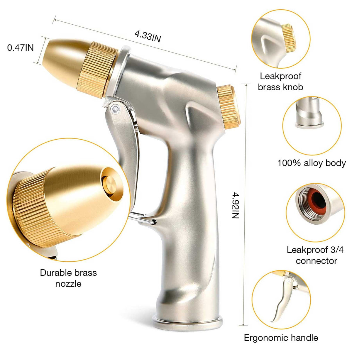 Heavy-Duty Metal Garden Hose Nozzle with 4 Spray Patterns, Gold Finish - Image 6