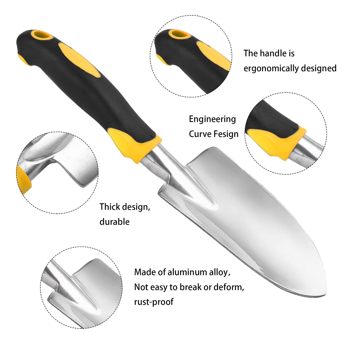 Aluminum Garden Trowel with Rubber Grip and Depth Scale, 11.8 in, Yellow - Image 2