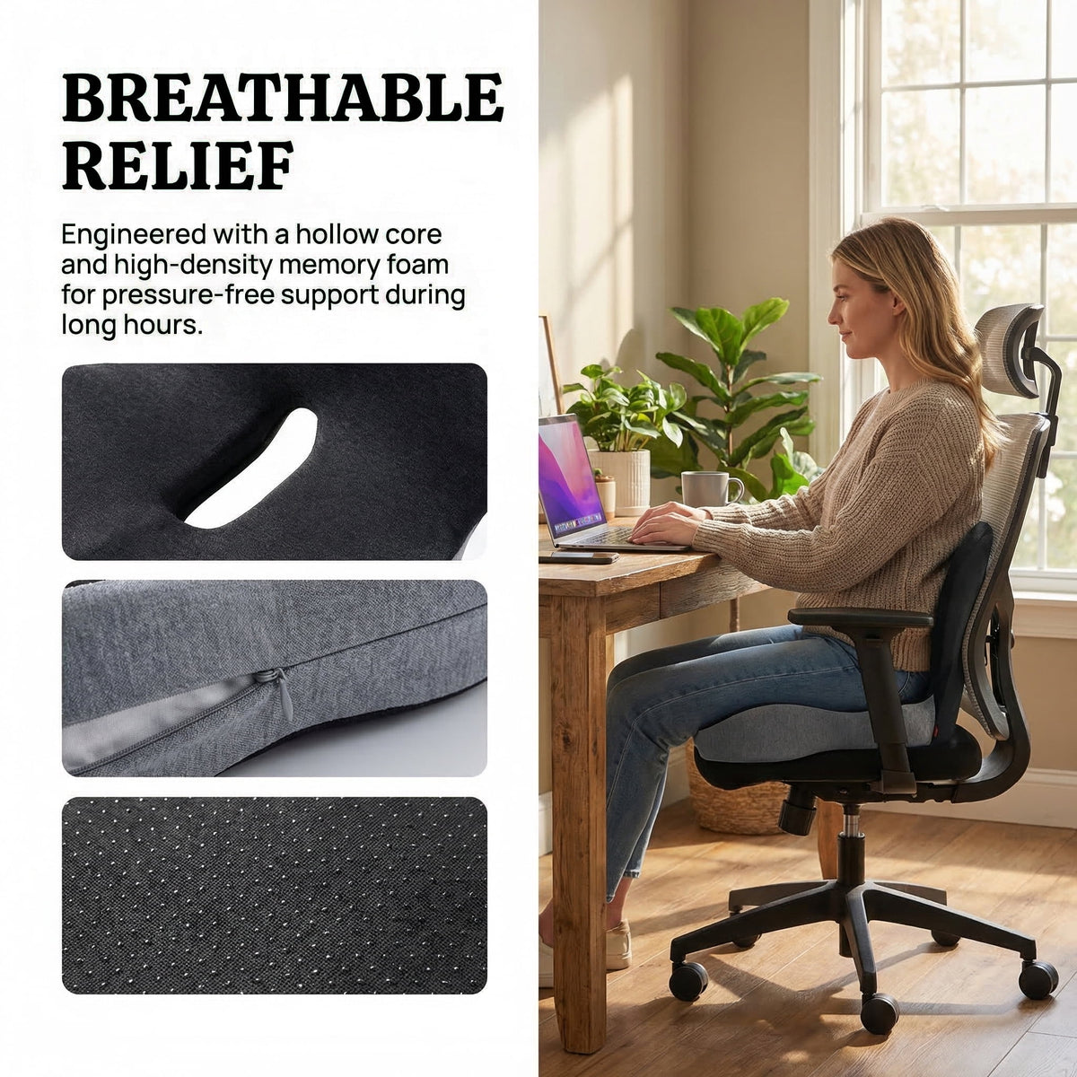 Memory Foam Seat Cushion for Car and Office Chair, Breathable L-Shaped Tailbone Support - Image 3