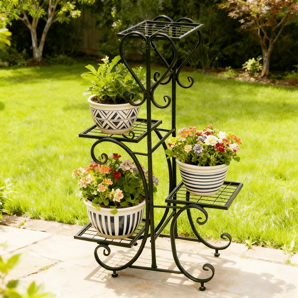 Four-Tier Black Metal Plant Stand, 35-Inch Indoor and Outdoor Shelf - Image 2