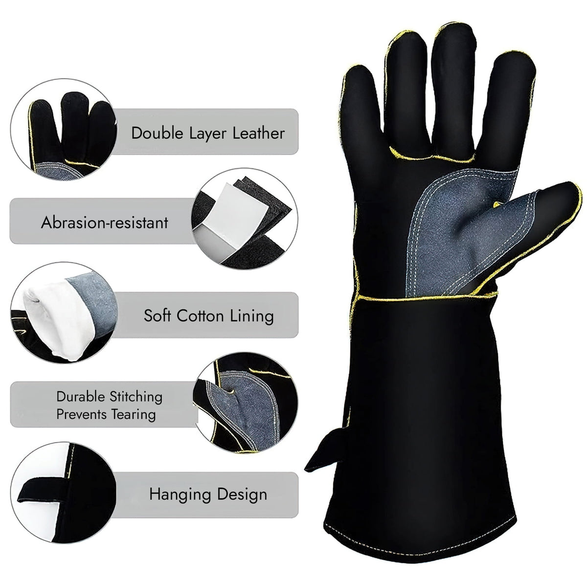 Leather Welding Gloves, 16-Inch Heat-Resistant Work Gauntlets, Large, Black - Image 3