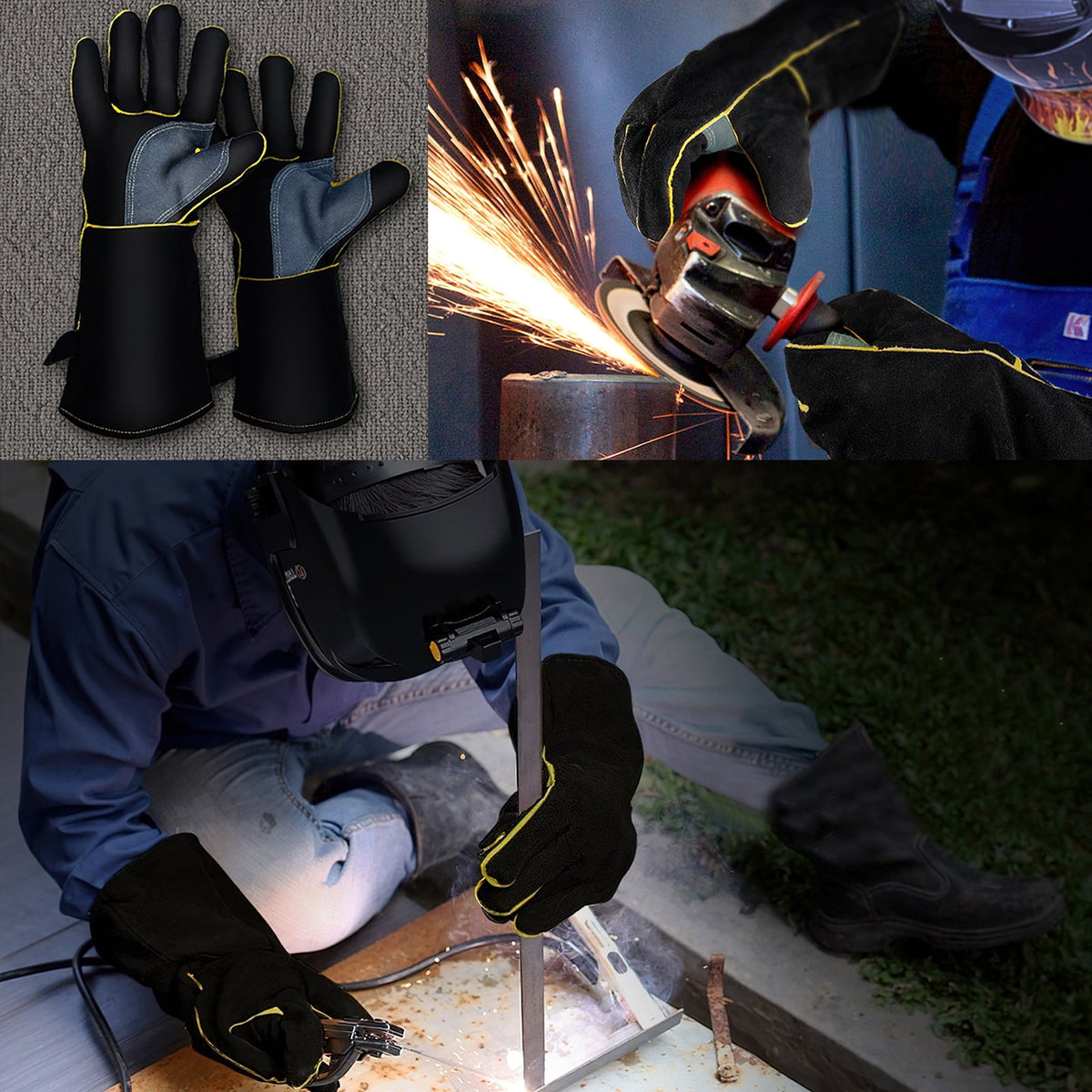 Leather Welding Gloves, 16-Inch Heat-Resistant Work Gauntlets, Large, Black - Image 2