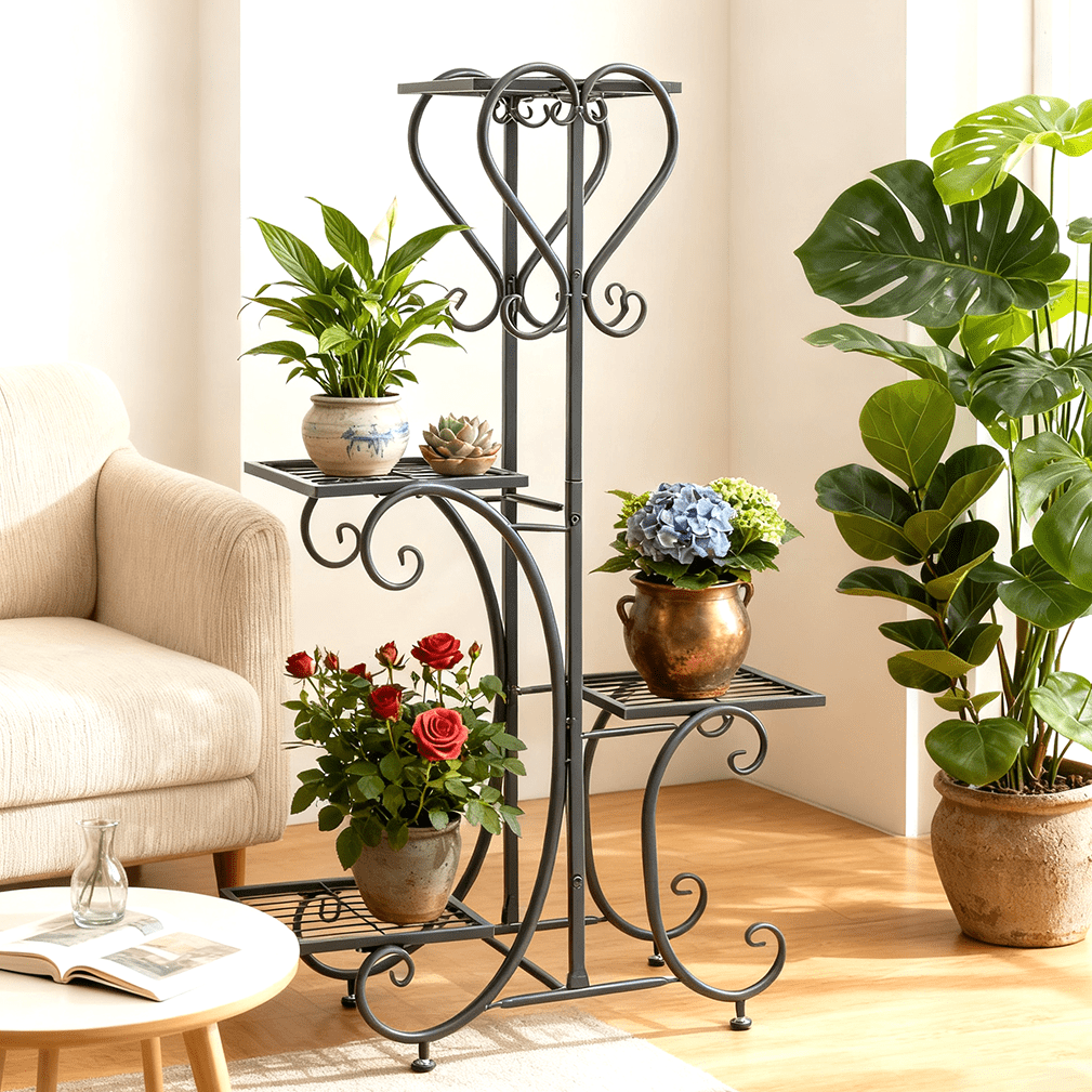 Four-Tier Black Metal Plant Stand, 35-Inch Indoor and Outdoor Shelf - Image 5