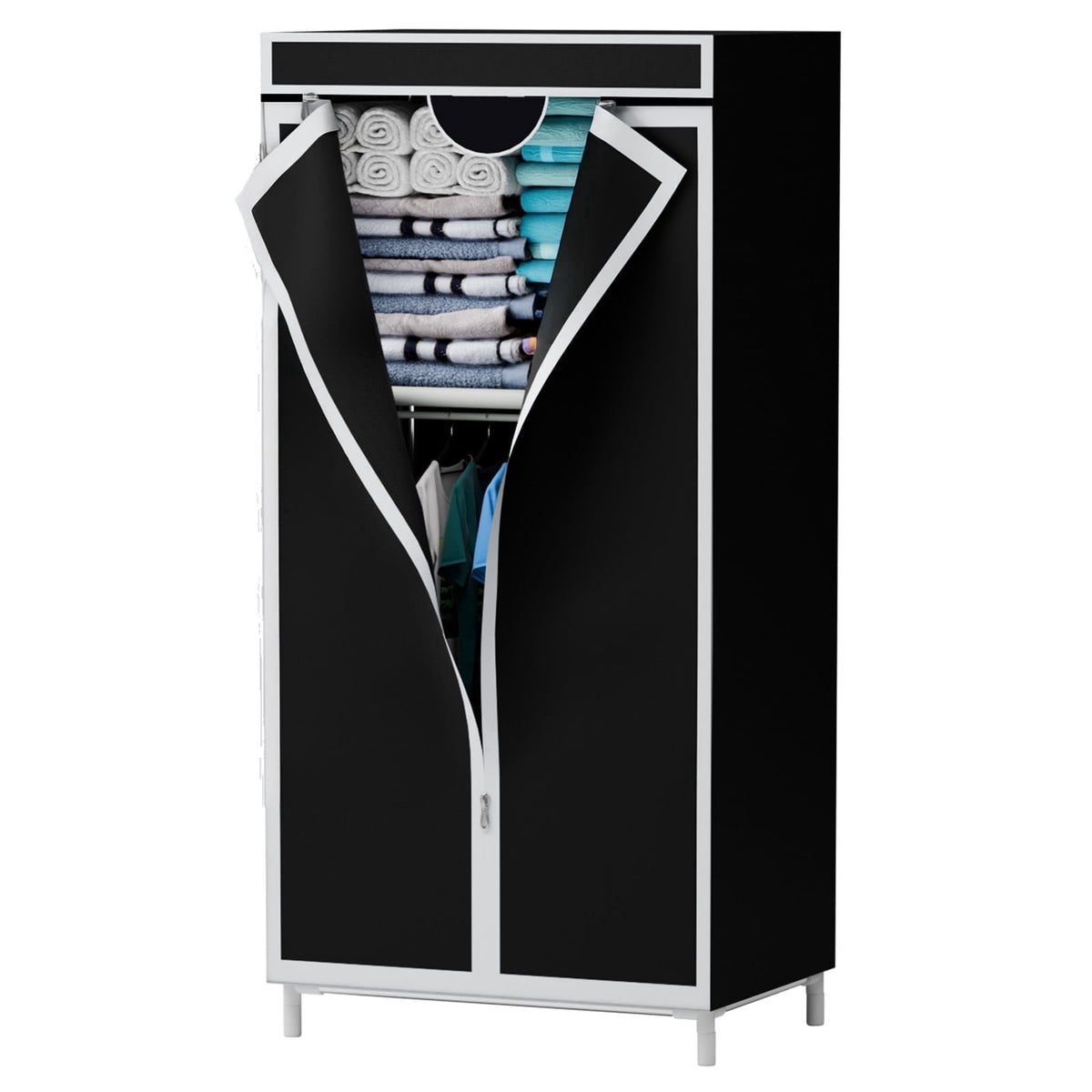 Portable Fabric Wardrobe with Dust Cover and Shelves, 27.5 x 17.7 x 59 in, Black