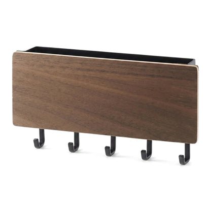 Wall-Mounted Wood and Aluminum Mail Organizer with 5 Key Hooks