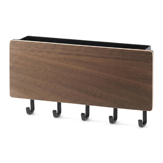 Wall-Mounted Wood and Aluminum Mail Organizer with 5 Key Hooks