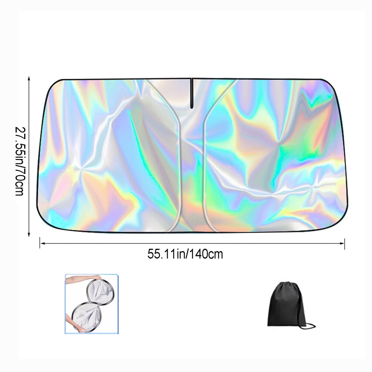 Foldable Reflective Windshield Sunshade, 55 x 27.5 in, with Storage Pouch - Image 3