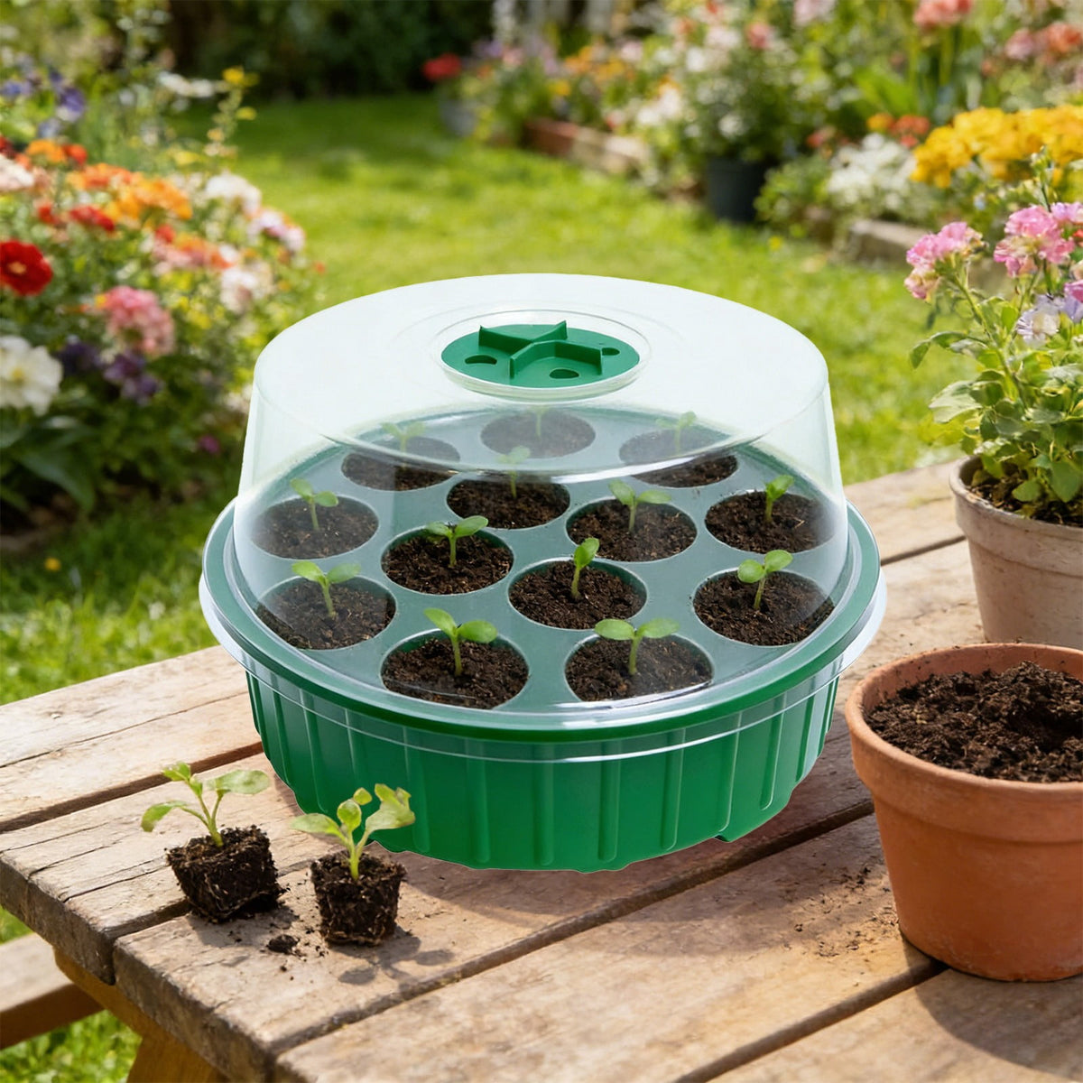 Seed Starter Tray with Clear Humidity Dome and Adjustable Vents, 13 Cells, Green - Image 2