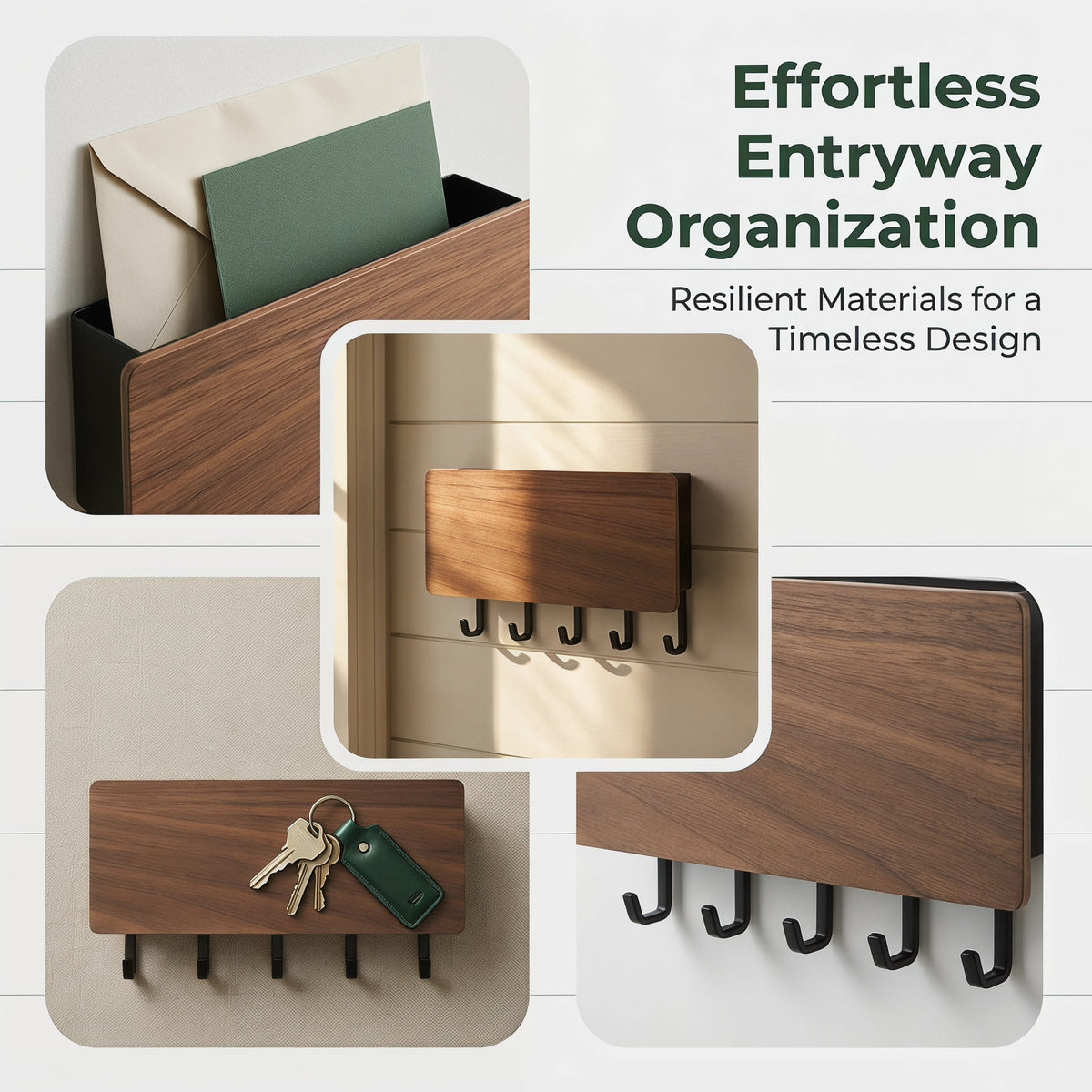 Wall-Mounted Wood and Aluminum Mail Organizer with 5 Key Hooks - Image 3