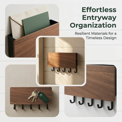 Wall-Mounted Wood and Aluminum Mail Organizer with 5 Key Hooks - Image 3