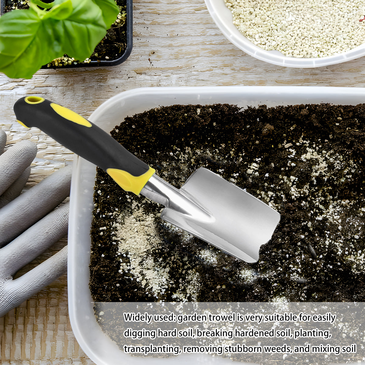Aluminum Garden Trowel with Rubber Grip and Depth Scale, 11.8 in, Yellow - Image 3