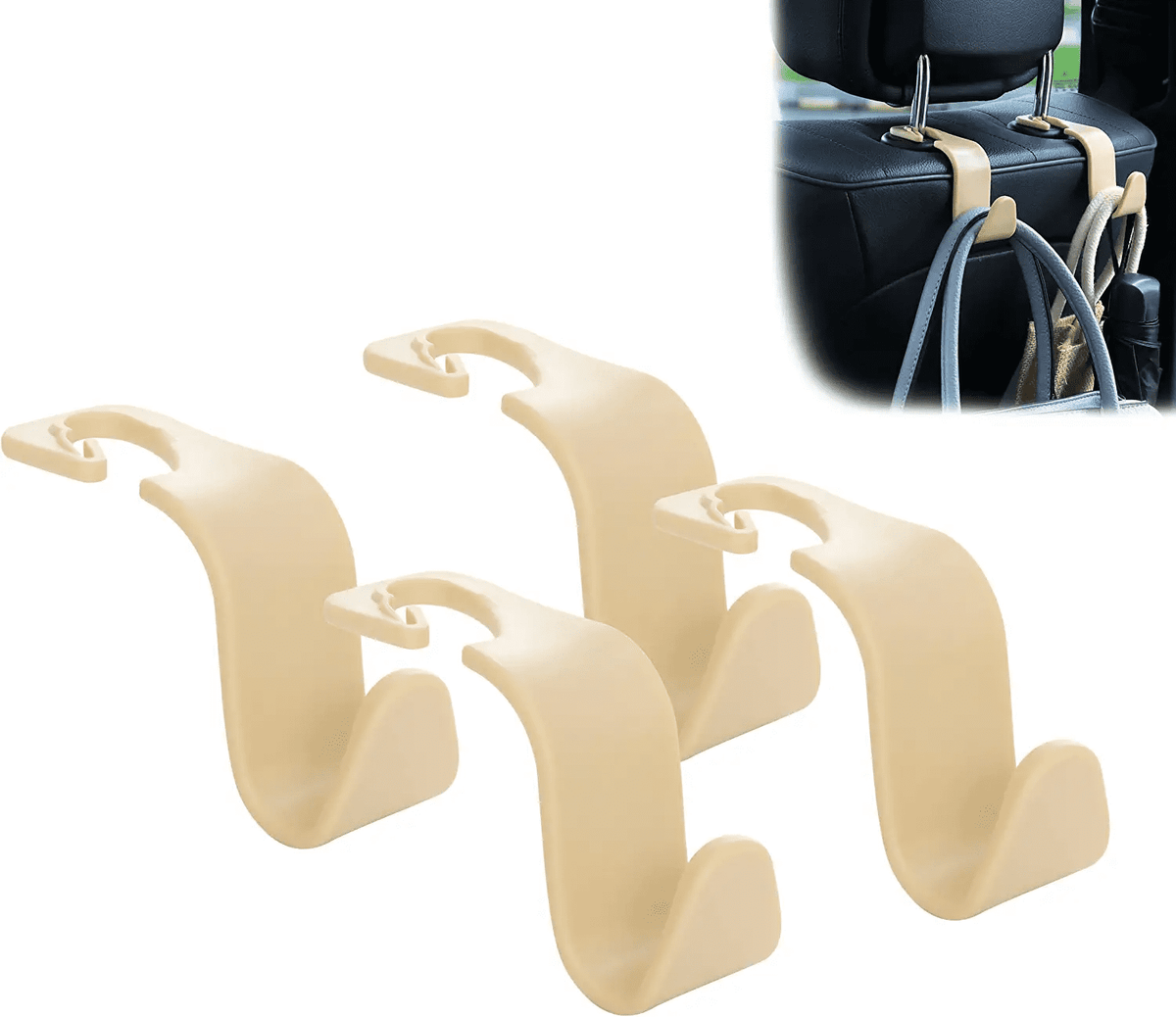 Car Headrest Hooks, Side-Opening Seat-Back Hangers for Bags, Beige, 4-Pack - Image 2