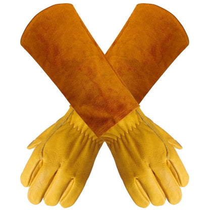 Long Cowhide Leather Gardening Gauntlets, Thorn-Resistant Rose Gloves, Size L