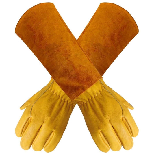 Long Cowhide Leather Gardening Gauntlets, Thorn-Resistant Rose Gloves, Size L