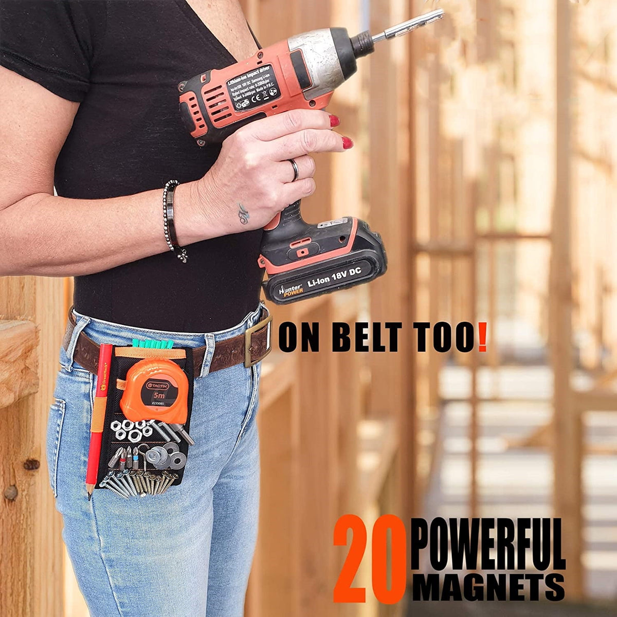 Magnetic Tool Wristband for Screws, Nails and Bits with 15 Magnets and 2 Pockets - Image 4