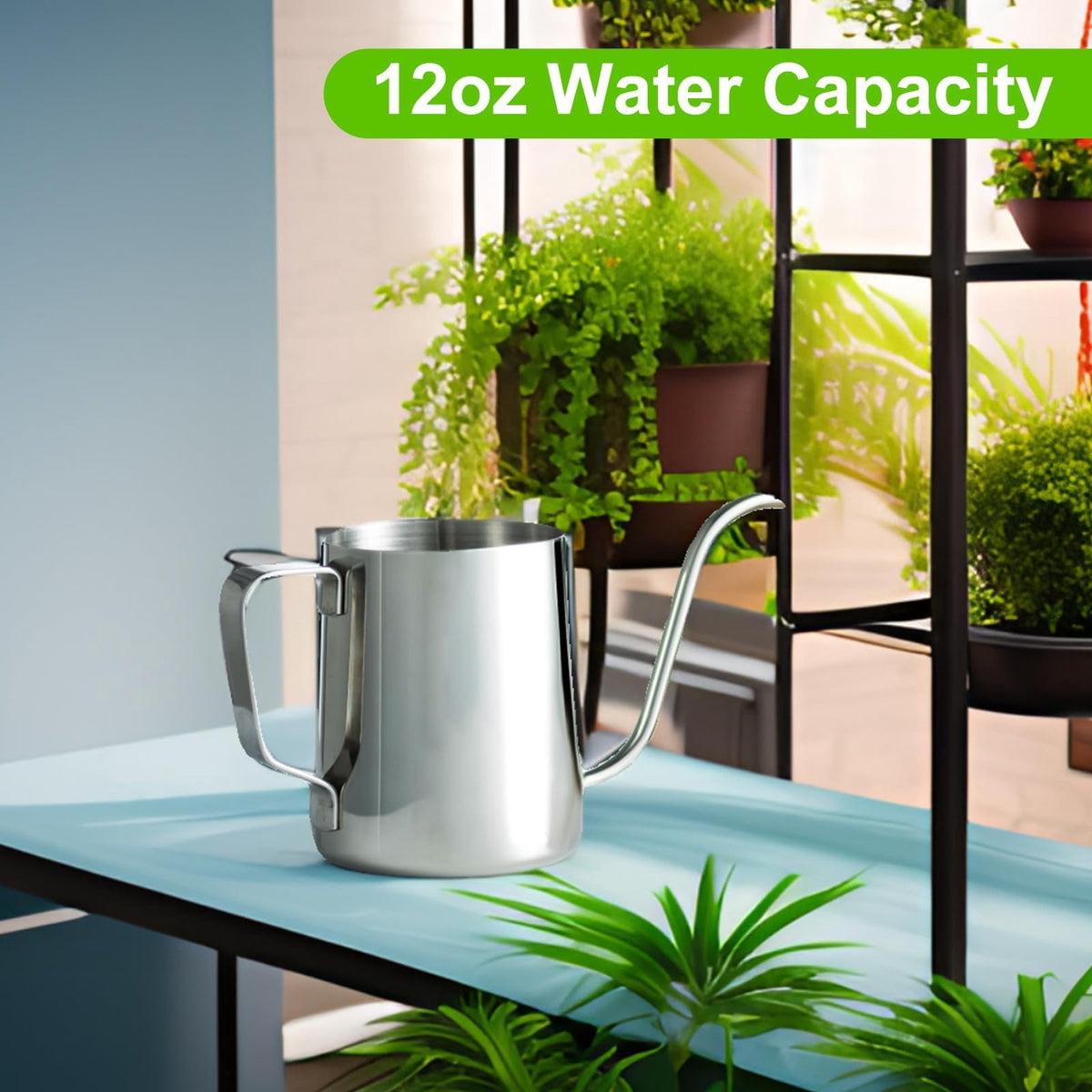 Small Stainless Steel Indoor Watering Can, 12 oz with Long Narrow Spout - Image 2