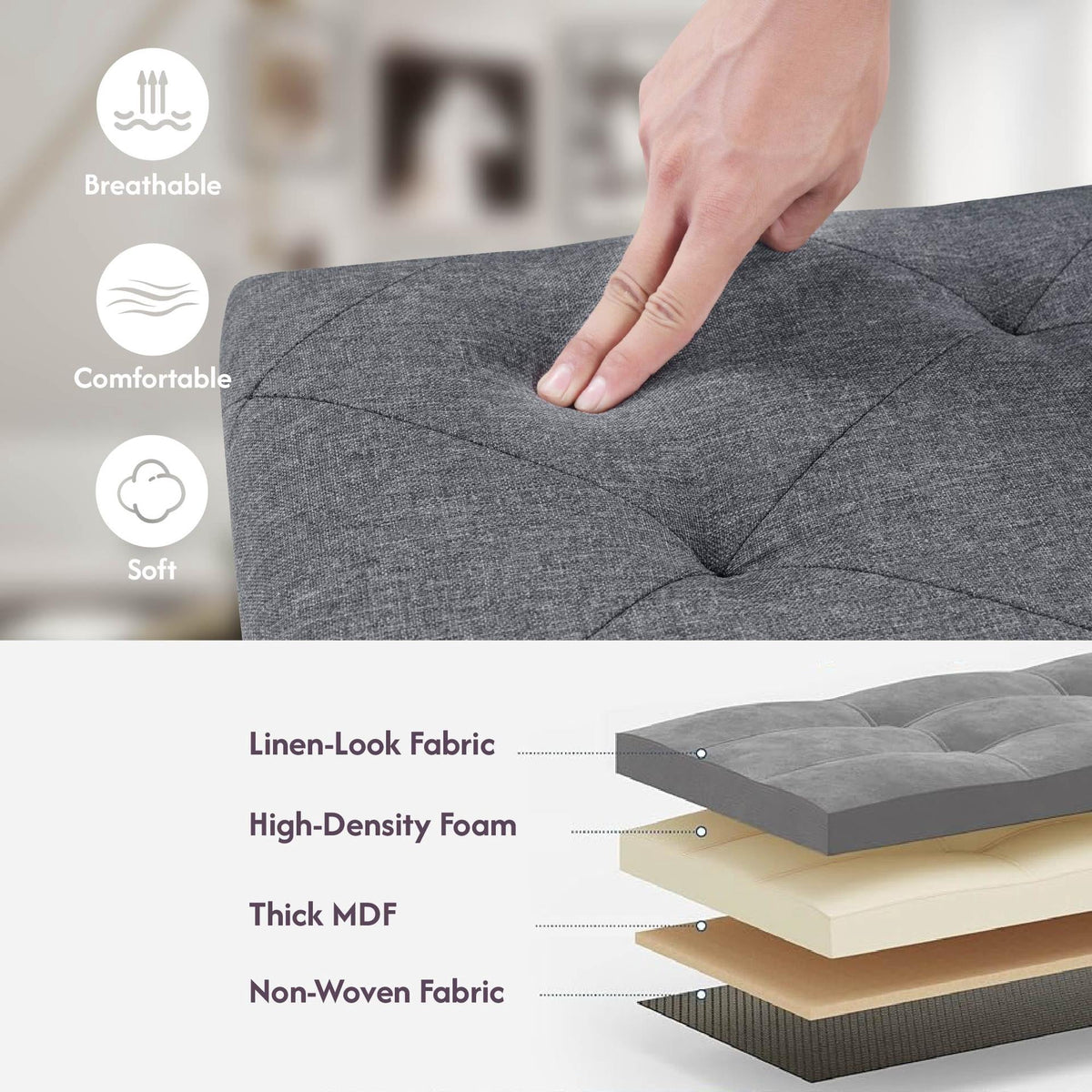 Folding Storage Ottoman Bench with Hidden Compartment, 35 in Wide, Grey - Image 4