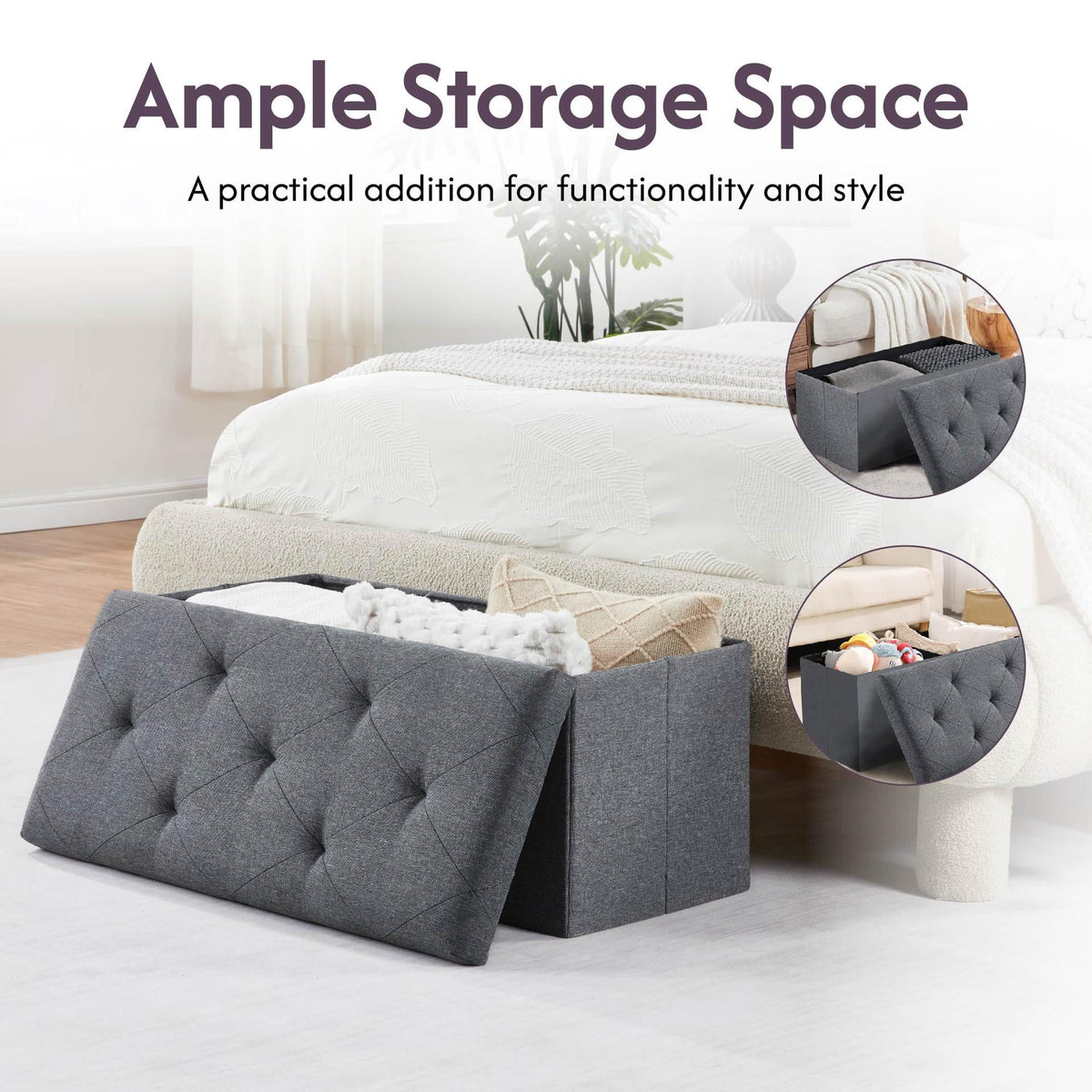Folding Storage Ottoman Bench with Hidden Compartment, 35 in Wide, Grey - Image 3