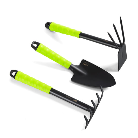 Three-Piece Garden Hand Tool Set with Trowel, Hoe and Rake