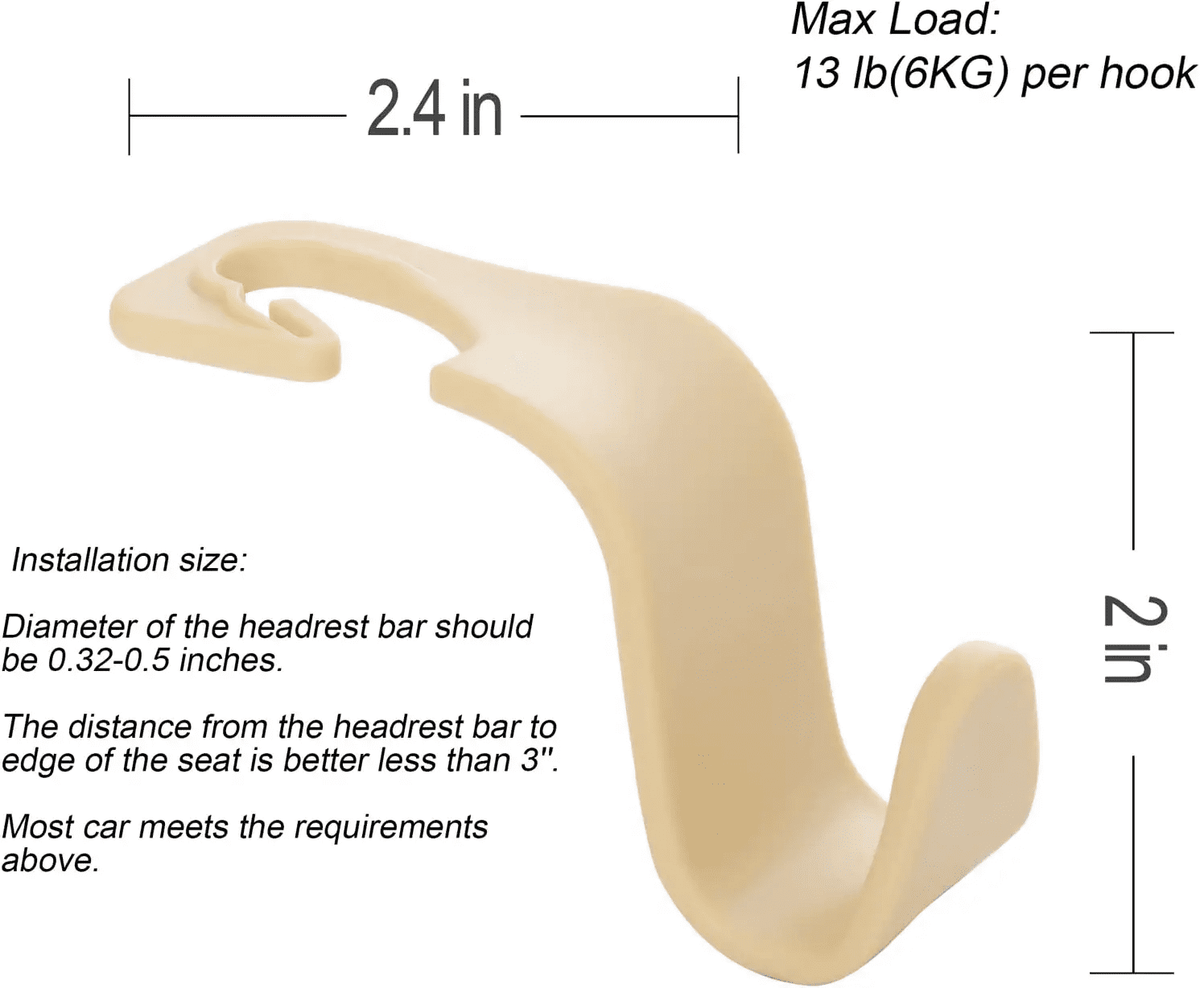 Car Headrest Hooks, Side-Opening Seat-Back Hangers for Bags, Beige, 4-Pack - Image 3