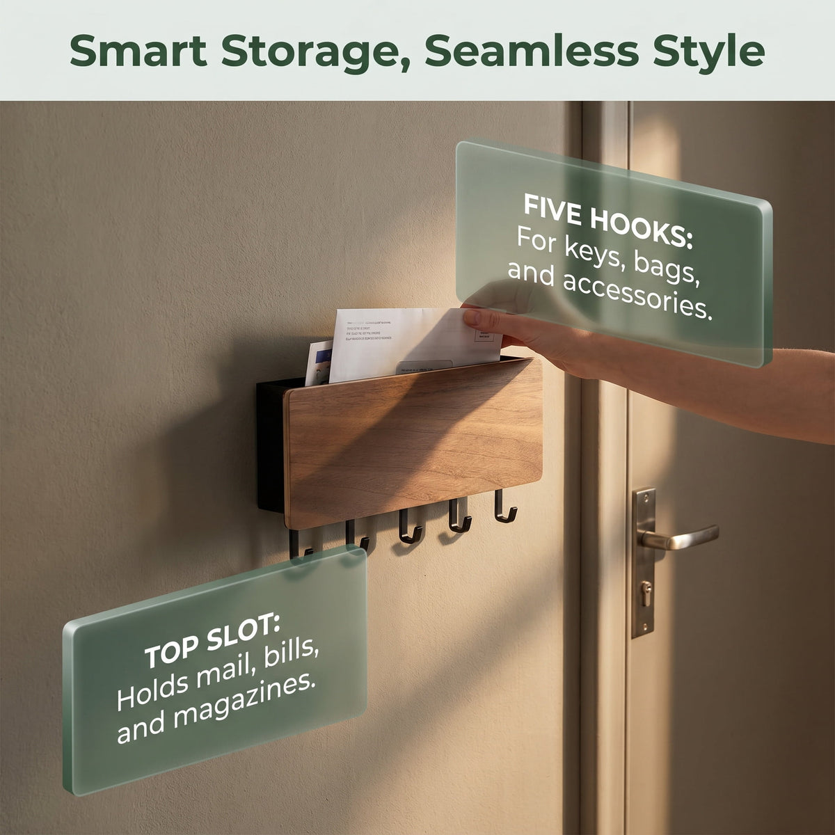 Wall-Mounted Wood and Aluminum Mail Organizer with 5 Key Hooks - Image 4