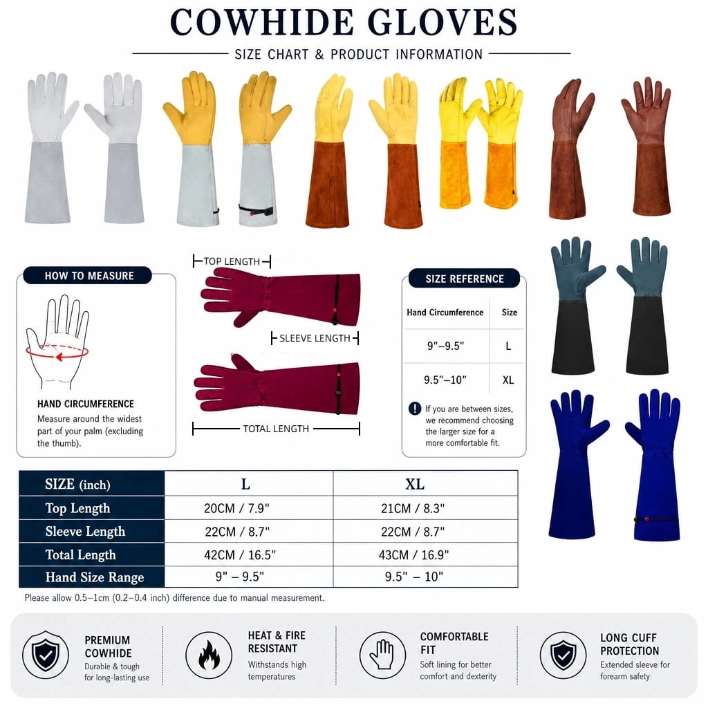 Long Cowhide Leather Gardening Gauntlets, Thorn-Resistant Rose Gloves, Size L - Image 3