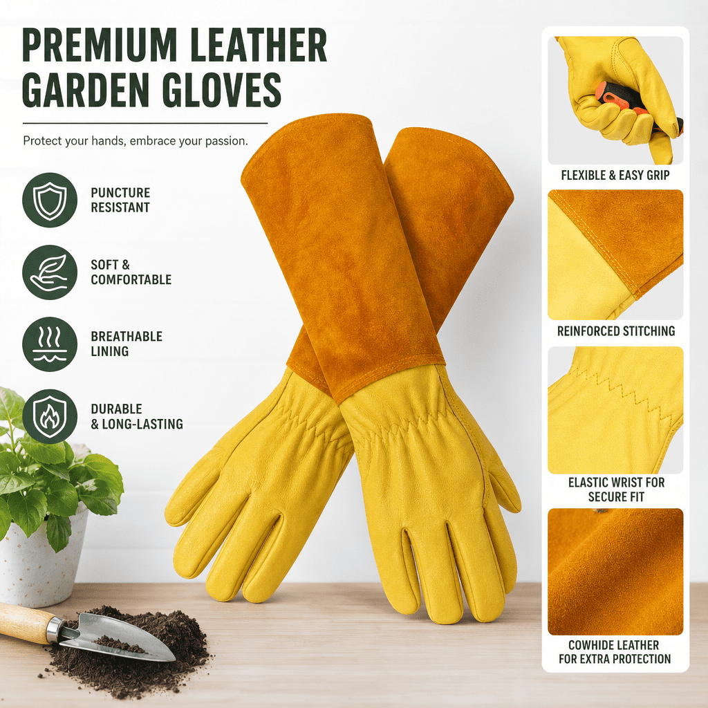 Long Cowhide Leather Gardening Gauntlets, Thorn-Resistant Rose Gloves, Size L - Image 2