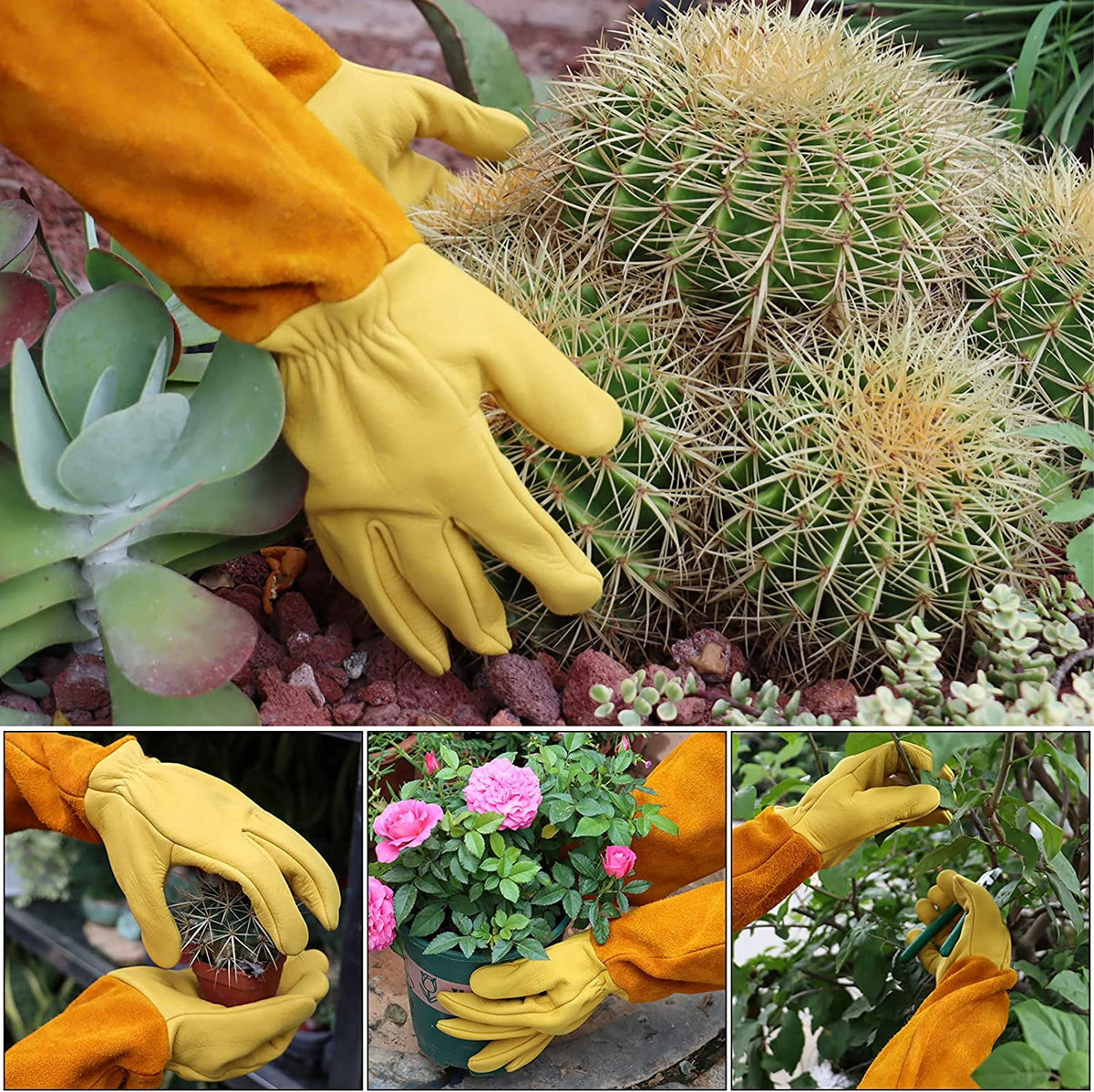 Long Cowhide Leather Gardening Gauntlets, Thorn-Resistant Rose Gloves, Size L - Image 4