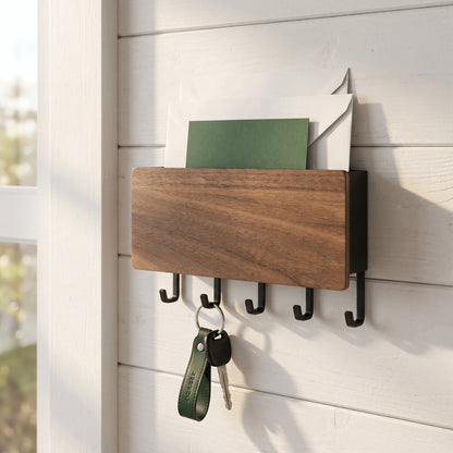 Wall-Mounted Wood and Aluminum Mail Organizer with 5 Key Hooks - Image 2