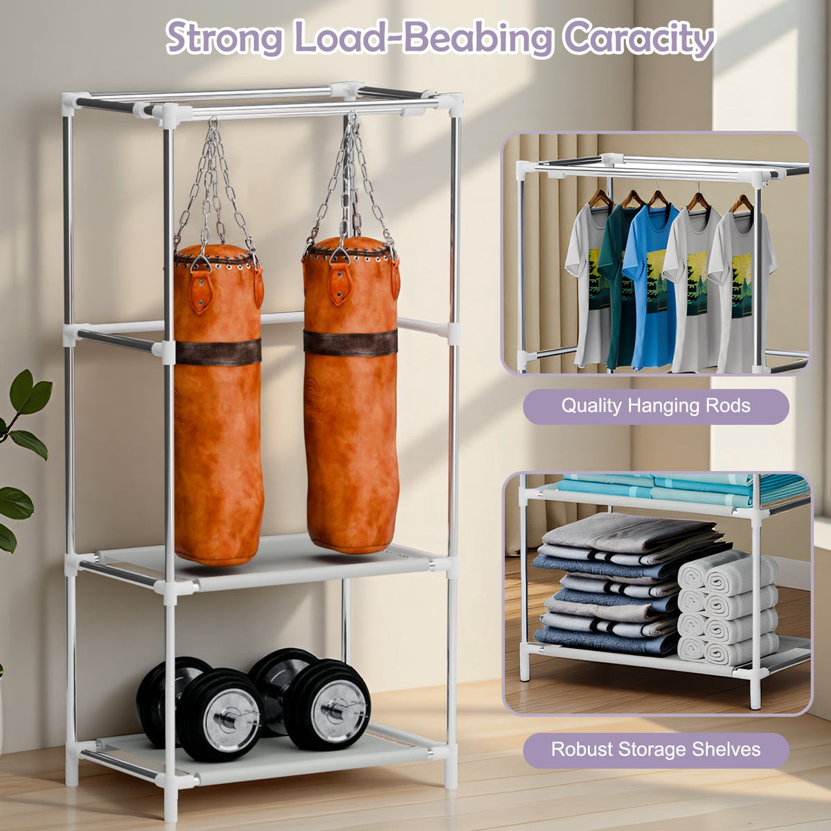 Portable Fabric Wardrobe with Dust Cover and Shelves, 27.5 x 17.7 x 59 in, Black - Image 2
