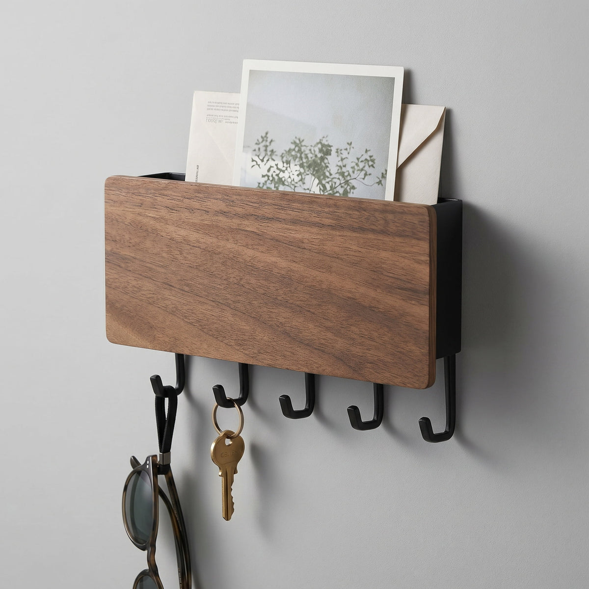 Wall-Mounted Wood and Aluminum Mail Organizer with 5 Key Hooks - Image 5