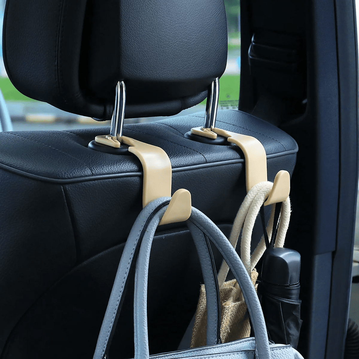 Car Headrest Hooks, Side-Opening Seat-Back Hangers for Bags, Beige, 4-Pack - Image 5