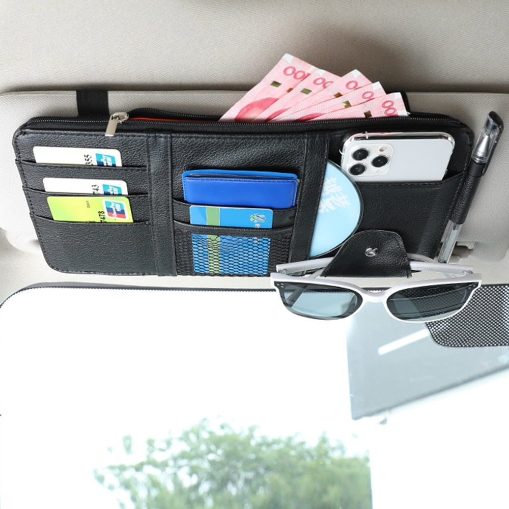 Faux Leather Car Sun Visor Organizer with Zip Pocket and Card Slots - Image 2