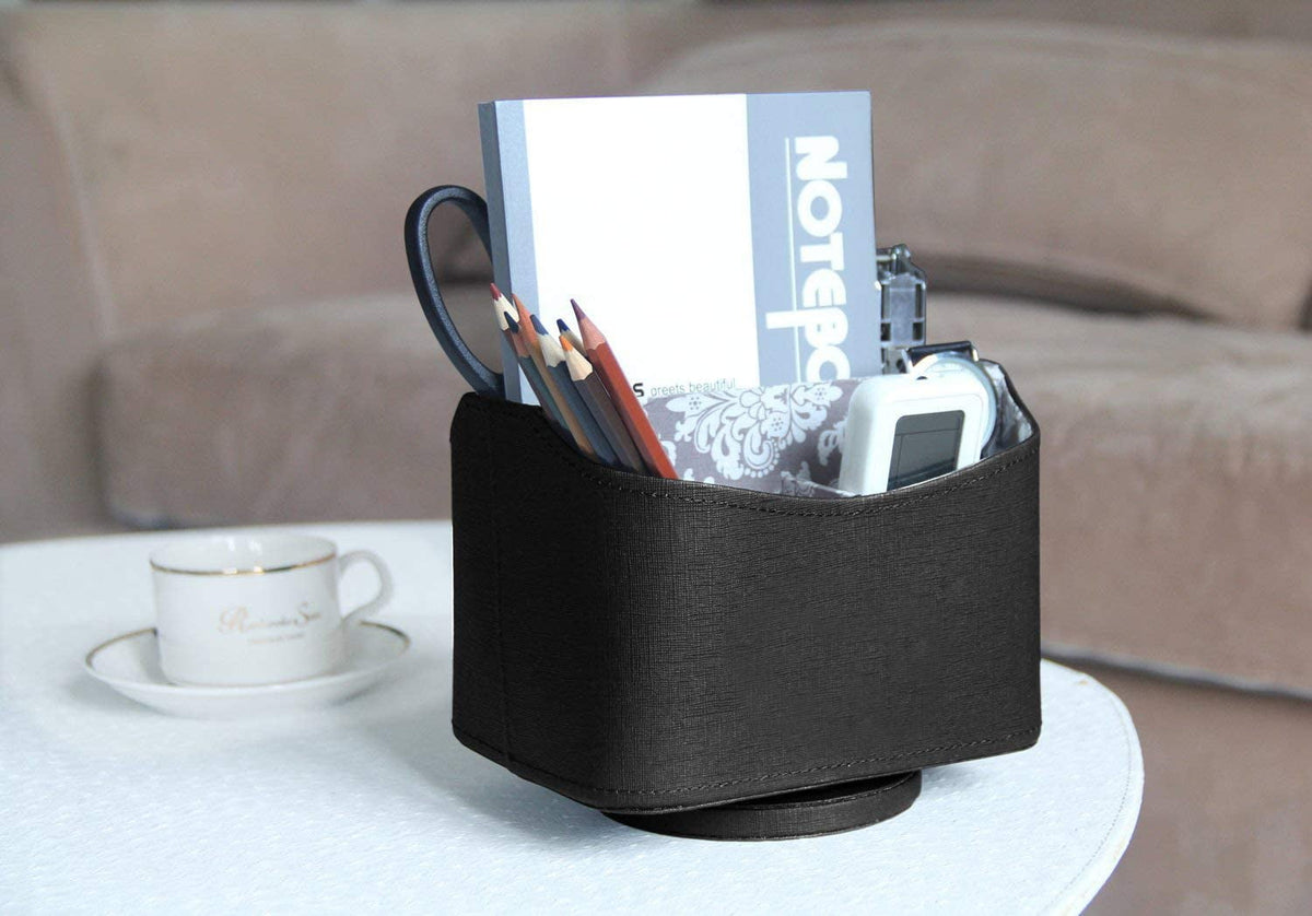 Rotating Faux Leather Remote Control Caddy, 5-Compartment Desk Organizer, Black - Image 3