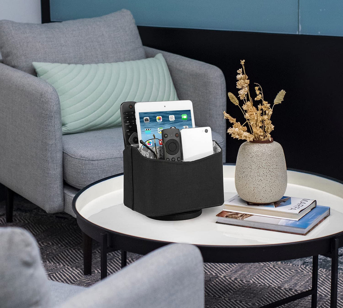 Rotating Faux Leather Remote Control Caddy, 5-Compartment Desk Organizer, Black - Image 5