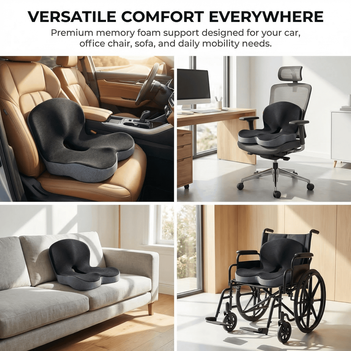 Memory Foam Seat Cushion for Car and Office Chair, Breathable L-Shaped Tailbone Support - Image 2